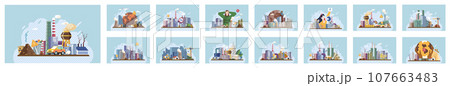 Industrial pollution. Dirty waste. Environmental pollution. Vector illustration. The rise in industrial production is causing significant air pollution Factory emitting smoke is affecting health Industrial pollution. Dirty waste. Environmental pollution. Vector illustration. The rise in industrial production is causing significant air pollution Factory emitting smoke is affecting health 107663483