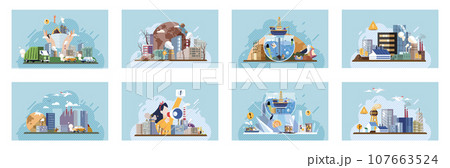 Industrial pollution. Dirty waste. Environmental pollution. Vector illustration. Industrial pollution is no longer problem we cignore Dirty water in our oceans is killing marine life Smokes with smog 107663524