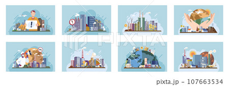 Industrial pollution. Dirty waste. Environmental pollution. Vector illustration. The link between air, water, and soil pollution and industrial production is undeniable Factory emitting smoke has to 107663534
