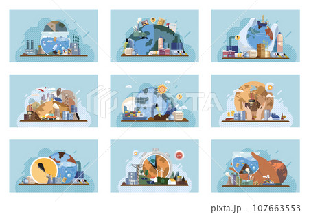 Industrial pollution. Dirty waste. Environmental pollution. Vector illustration. Trash emission is contributing to environmental pollution Dirty waste from factories is polluting our water sources 107663553