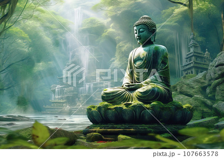 Hindu ancient religious buddha statue in dense tropical forest jungle. 107663578
