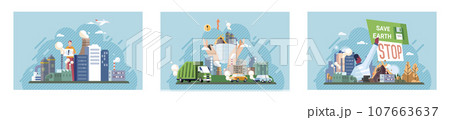 Industrial pollution. Dirty waste. Environmental pollution. Vector illustration. Smokes with smog are causing respiratory problems in population Trash emission has reached all-time high in recent 107663637
