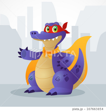 Cartoon violet crocodile superhero in big yellow cloak. Vector character in spy mask for game. children book, education, web or advertisign Cartoon violet crocodile superhero in big yellow cloak. Vector character in spy mask for game. children book, education, web or advertisign 107663854