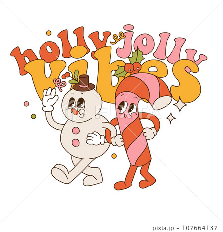 Christmas groovy sticker for tee print. Congratulatory text Holly Jolly vibes with snowman and candy cane characters and design elements on a festive theme. Contour vector illustration. 107664137