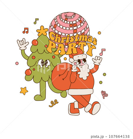 Christmas party trendy retro cartoon characters concept. Groovy hippie isolated print with Santa Claus, Christmas tree and text. Vector Retro Cartoon characters and disco ball. 107664138
