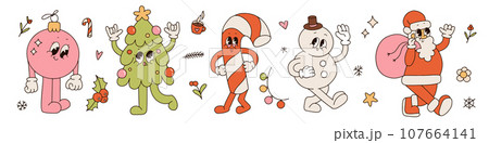Groovy hippie Christmas retro cartoon characters set. Ball, Santa Claus, Christmas tree, candy cane, snowman in trendy 70s vintage style. Toon mascots and elements. Contour vector illustration. 107664141