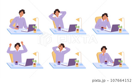 Man at the desktop with different emotions. Successful, happy, upset, sad, angry, professional stress worker in the office at the computer 107664152