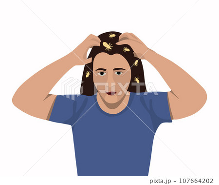 Vector isolated illustration of girl scratching from lice bite. The problem of pediculosis. 107664202