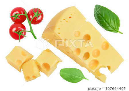 piece of cheese isolated on white background . Top view. Flat lay 107664495