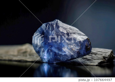 Benitoite is a rare precious natural stone on a black background. AI generated. Header banner mockup with space. 107664497