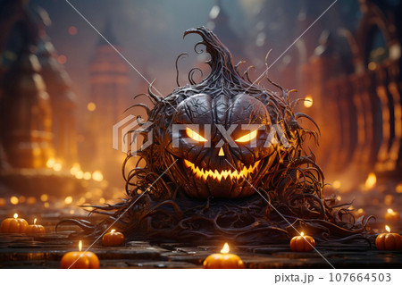 Fire pumpkin on a festive night fairy street, traditional religious symbol. Fire pumpkin on a festive night fairy street, traditional religious symbol. 107664503
