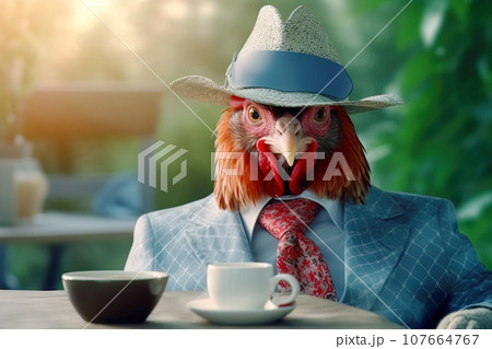 Rooster gentleman in a suit, tie, hat and glasses on a black background. AI generated. 107664767