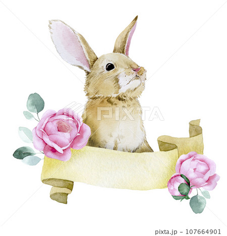 watercolor drawing. cute easter bunny with flowers. decoration for greeting card, composition Easter bunny with pink peony flowers and eucalyptus leaves 107664901