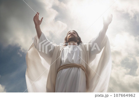 Resurrection of Jesus Christ Praying and Extending Hand. 107664962