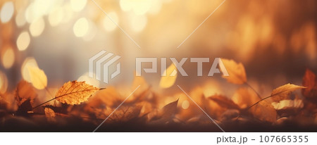 Forest Floor Covered in Yellow and Orange Fallen Leaves, Autumn Background, AI Generated 107665355