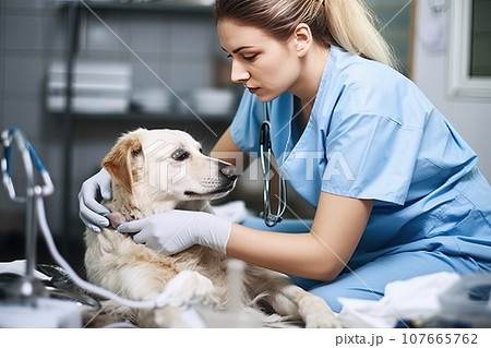 A serious young female veterinarian checks the health status of a Labrador Retriever dog. 107665762