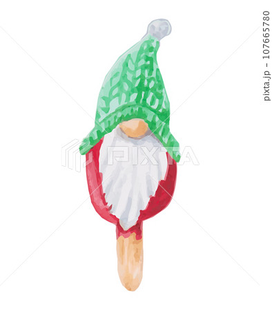 Christmas and New Year illustration. Gnome festive ice cream or cake. Sweets on a stick. Watercolor and markers. Isolated handmade art 107665780