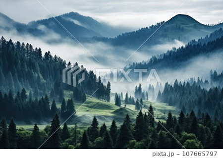 Mysterious fog over the forest tops at dawn 107665797