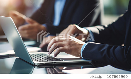 Business Meeting with Hands and Laptop in Focus - AI Generated 107665960