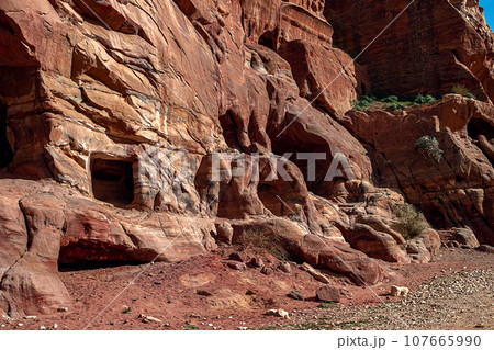 View of the Temples and caves carved into the sandstone rock in the gorge. Petra, Jordan View of the Temples and caves carved into the sandstone rock in the gorge. Petra, Jordan 107665990
