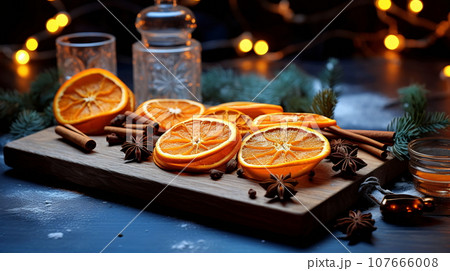 Wooden Tray with Oranges and Spices on Blue Background - AI Generated 107666008