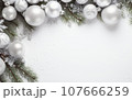 White Christmas holiday background with white and silver Christmas balls. Merry Christmas greetings card 107666259