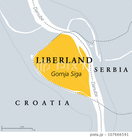 Free Republic of Liberland, gray political map. Unrecognized micronation in Southeast Europe, claiming Gornja Siga, uninhabited and disputed land on western bank of Danube between Croatia and Serbia. Free Republic of Liberland, gray political map. Unrecognized micronation in Southeast Europe, claiming Gornja Siga, uninhabited and disputed land on western bank of Danube between Croatia and Serbia. 107666591