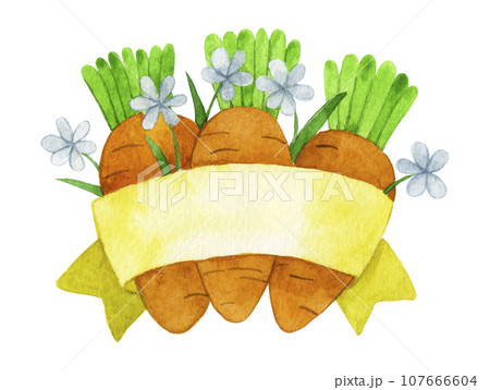 watercolor drawing. postcard, decoration for Easter. vintage ribbon, carrots and flowers, space for text 107666604