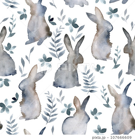 seamless watercolor pattern with Easter bunnies. minimalistic print with simple silhouettes of hares, leaves and plants on a white background. natural colors, forest animals 107666609