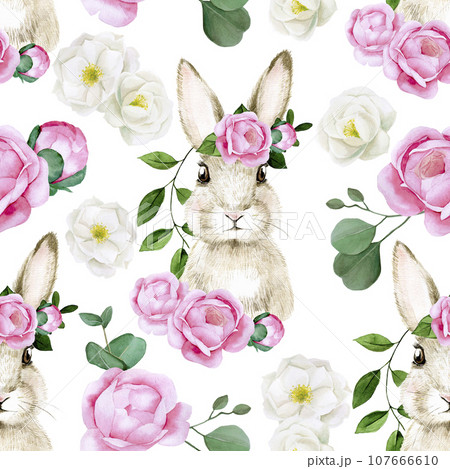 watercolor seamless pattern for easter holiday. cute easter bunny with rose, peony flowers on white background. white and pink flowers, vintage 107666610