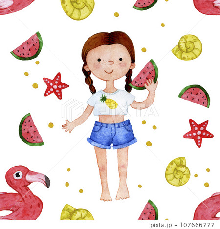 watercolor seamless pattern. character girl on the beach, cute baby on the sea with watermelon and toys	 107666777