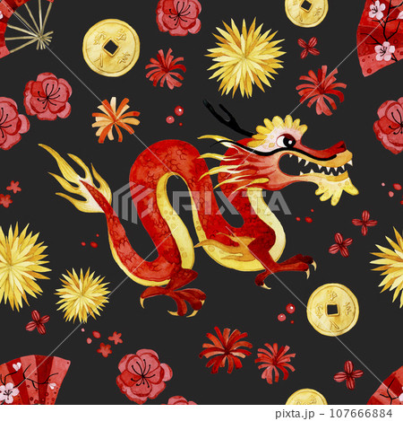 watercolor seamless pattern. Chinese New Year. red dragon, lanterns and fireworks on a black background. holiday print watercolor seamless pattern. Chinese New Year. red dragon, lanterns and fireworks on a black background. holiday print 107666884