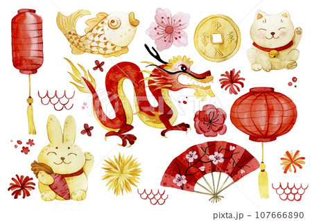 watercolor drawing. chinese new year clipart set. cute Chinese dragon drawings, lanterns, fireworks in red and gold color 107666890