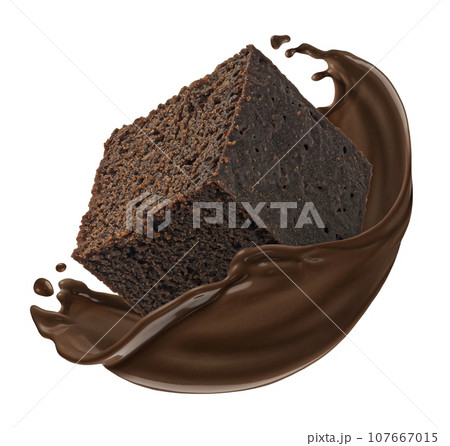 Brownie piece with chocolate splash isolated on white background Brownie piece with chocolate splash isolated on white background 107667015