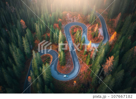 Aerial view of snake road in colorful autumn forest at sunrise Aerial view of snake road in colorful autumn forest at sunrise 107667182