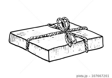 Soap for Bathroom with ribbon on isolated background. Hand drawn vector illustration of cosmetic product for Spa design. Line art black drawing of ecological product for Bath relaxes. Sketch for label 107667201