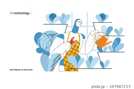 Bio Technology, Robot on farm -modern flat vector concept illustration of bio-robot engaged in agricultural activities. Metaphor of robotics and biotechnology integration, efficiency, sustainability 107667215