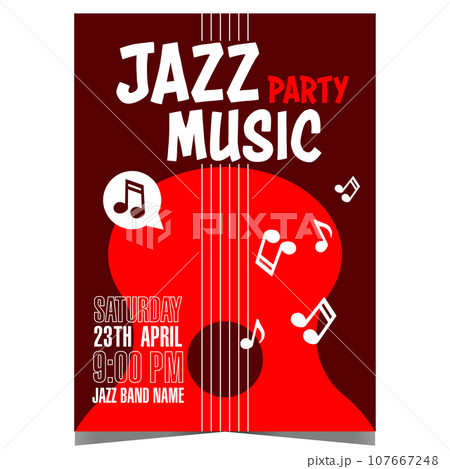 Jazz music party design template. Invitation banner, poster or flyer for live jazz music concert, festival or show. Handout or cover with big red guitar and white musical notes on black background. 107667248