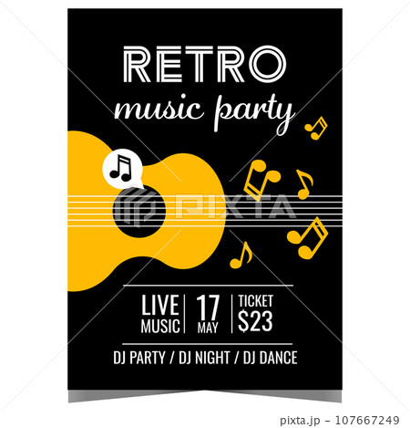 Retro music party poster with yellow guitar and musical notes on black background. Design template of invitation banner, leaflet or flyer for retro music concert, live event, festival or show. 107667249