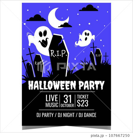 Halloween party invitation banner to celebrate the All Saints' Day holiday on October 31. Flyer for Halloween with phantoms and ghosts in the night on the cemetery with tombstones and grave crosses. Halloween party invitation banner to celebrate the All Saints' Day holiday on October 31. Flyer for Halloween with phantoms and ghosts in the night on the cemetery with tombstones and grave crosses. 107667250