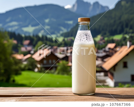 Bottle of homemade village milk against the backdrop of the village. AI 107667366