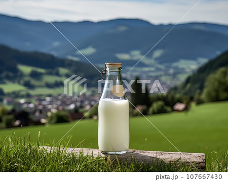 Bottle of homemade village milk against the backdrop of the village. AI 107667430