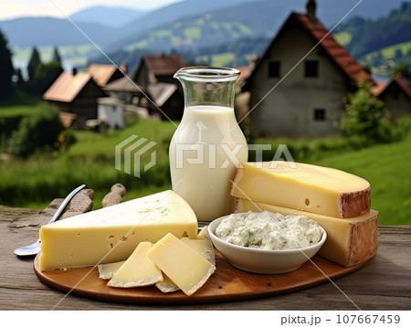 Table with board of different types of cheeses and milk on farmhouse table. AI Table with board of different types of cheeses and milk on farmhouse table. AI 107667459