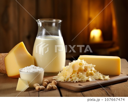 Table with board of different types of cheeses and milk on farmhouse table. AI Table with board of different types of cheeses and milk on farmhouse table. AI 107667474