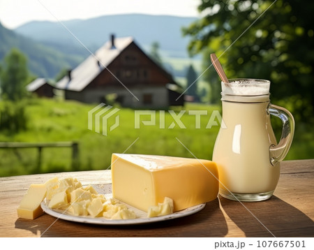 Table with board of different types of cheeses and milk on farmhouse table. AI 107667501