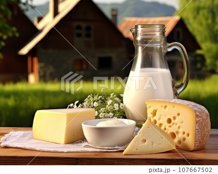 Table with board of different types of cheeses and milk on farmhouse table. AI Table with board of different types of cheeses and milk on farmhouse table. AI 107667502