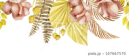 watercolor pattern, seamless border, frame of dry tropical leaves and flowers in boho style. dried flowers, palm leaves, roses watercolor pattern, seamless border, frame of dry tropical leaves and flowers in boho style. dried flowers, palm leaves, roses 107667570
