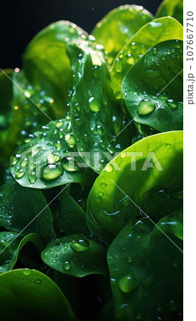 young baby spinach leaves with drops of water, close up 107667710