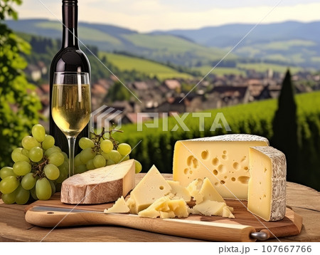 Cheese board with different varieties and white wine against the backdrop of village. AI 107667766