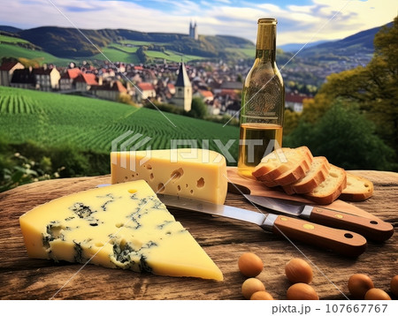 Cheese board with different varieties and white wine against the backdrop of village. AI Cheese board with different varieties and white wine against the backdrop of village. AI 107667767